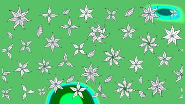 Çocuksu tasarım. Tekstil, kumaş, ambalaj, hatıra defteri için hoş bir çiçek arkaplanı. Yeşil arka planda. Elle çizilmiş karalama çiçekleri ile Raster çizim deseni.