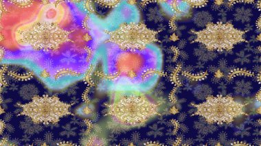 Parlak dantel, stilize çiçekler, şal desenli. Mavi renkler ve altın elementler üzerine çizim. Doğu tarzı arabesk. Hassas altın deseni açın. Altın desenli bukleler çiz. Raster..