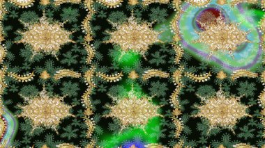 Tasarım şablonu için çizgi çizimi sınırı. Davetiyeler, kartlar, web sayfası için Raster illüstrasyon. Doğu tarzı element. Yeşil renklerdeki altın element. Altın çizgili çiçek dekoru.