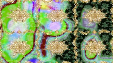 Damask çizimi tekrarlanıyor. Barok tarzında altın çiçekli süs. Yeşil renklerdeki altın element. Antika altın tekrarlanabilir duvar kağıdı.