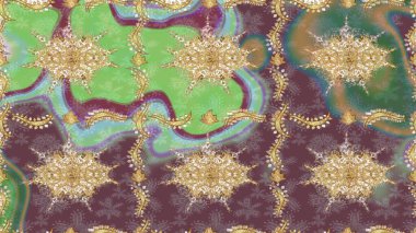 Altın şablon. Eskiz kalıbı altın elementler. Klasik çiçek dokusu. Kart, duvar kağıdı, ambalaj ve tekstil için klasik tasarım. Kahverengi renkte Royal retro. Raster illüstrasyonu.