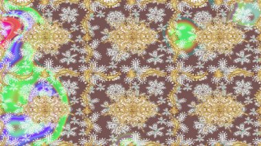 Parlak dantel, stilize çiçekler, şal desenli. Doğu tarzı arabesk. Raster sanatı. Altın desenli bukleler çiz. Kahverengi renkli ve altın elementli eskiz deseni. Zarif altın deseni aç.