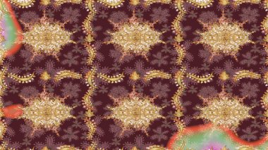 Raster illüstrasyonu. Damask altın soyut çiçek deseni kahverengi renklerde. Süsleme.