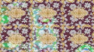 Düz elle çizilmiş klasik koleksiyon. Kahverengi renklerde altın desenler ve altın elementler. Raster Golden eskiz kalıbı. Arkaplan, kumaş, altın duvar kağıdı.