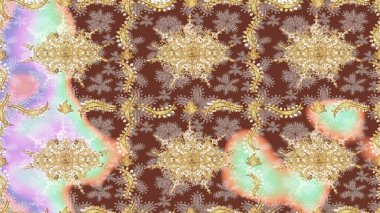 Kına dövmeli süs çiçekleri, altın çıkartmalar, mehndi ve yoga tasarımı, kartlar ve parmak izleri. Raster Golden Mehndi eskiz kalıbı. Kahverengi renkte desen.