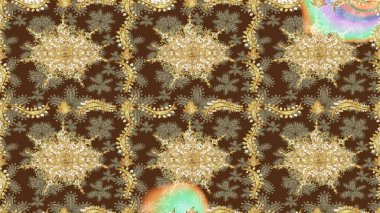 Süslü dekorasyon. Damask altın soyut çiçek deseni kahverengi renklerde. Raster illüstrasyonu.