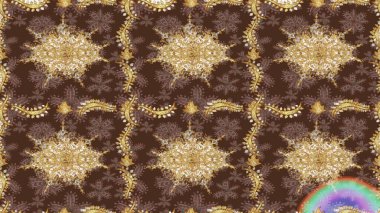 Raster altın çiçek süsü brokar kumaş ve cam desenli. Kahverengi renkler ve altın elementler. Çiçek desenli altın metal. Altın deseni çiz.