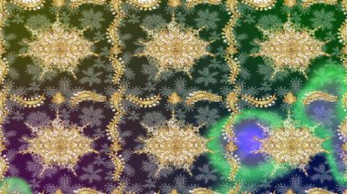 Yeşil renkler ve altın elementler üzerine çizim. Raster oryantal süs. Altın deseni çiz.