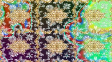 Tarafsız renklerde altın elementler. Şık bir grafik desen. Çiçek deseni. Duvar kâğıdı barok, İspanyol kumaşı. Çizim raster arkaplanı.