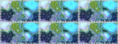 Mavi ve nötr küçük çiçekler ve mavi ve nötr renklerdeki komik böcekler, raster desen, illüstrasyon.