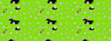 Bir sürü yeşil ve soyut çiçekli tropik eskiz deseni. Varicologreen Raster çizimi. Küçük çiçekte sevimli çiçek deseni var..