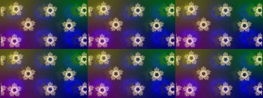 Kar tanelerinin soyut arkaplanı olan şirin bir Noel arkaplanı. Mavi, yeşil ve mor kar taneleri. Raster illüstrasyonu. Renkler. Noel ve Yeni Yıl moda baskıları için tatil tasarımı.