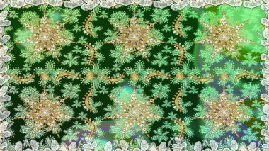 Kusursuz altın desenli bukleler. Doğu tarzı arabesk. Raster altın desen. Altın elementli yeşil renkler. Raster illüstrasyonu.