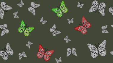 Yeşil arka planda güzel renkli kelebekler. Çocuk için Raster Moda Kelebekleri duvar kağıdı. Çocuklar için kelebek çizim kalıbı.