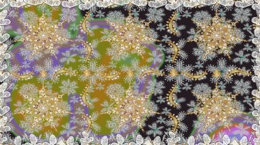 Parlak dantel, stilize çiçekler, şal desenli. Raster. Doğu tarzı arabesk. Kusursuz altın desenli bukleler. Hassas altın deseni açın. Gri renklerde, altın elementlerle kusursuz desen.