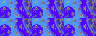 Raster illüstrasyonunda kusursuz çiçek deseni. Mor, mavi ve yeşil renkteki çiçekler suluboya tarzında.