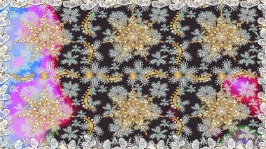 Altın karalama fantezi yapraklarından ve gri renkli çiçeklerden Raster soyut çiçek çelengi. El yapımı dekoratif çerçeve, albüm kapağı, tebrik kartı, klasik Art deco tarzı.