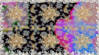 Çiçek desenli altın metal. Altın elementli gri renkler. Kusursuz altın desen. Raster altın çiçek süsü brokar kumaş ve cam desenli..