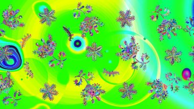 Yeşil, sarı ve mavi renkte etnik çiçeklerle süslenmiş zarif bir eskiz şekli. Asya Tekstil 'inde Raster Çiçek İllüstrasyonu.