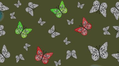 Rastgele yeşil kelebekler şirin desenler. Davetiye, kart ve parmak izi için basit kadınsı bir model. Robot resim. Yeşil arka planda kelebek. Raster illüstrasyonu.