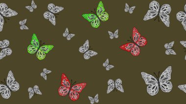 Renkli kelebeklerin eskiz geçmişi. Raster illüstrasyonu. Yeşil renkli sanat kelebekleri. Koleksiyon Defteri için Resim.