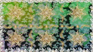 Geleneksel Arap dekoru yeşil renklerde. Süslü dantel iz sürücü. Doğu tarzında klasik tasarım öğesi. Duvar kâğıdı için altın süslü bir illüstrasyon. Çiçekli süslemeli, pürüzsüz bir desen..