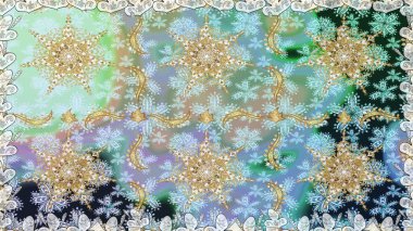 Raster. Parlak dantel, stilize çiçekler, şal desenli. Hassas altın deseni açın. Doğu tarzı arabesk. Tarafsız renklerde, altın elementlerle kusursuz desen. Kusursuz altın dokular bukleler.