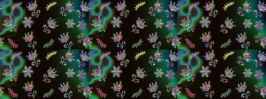 Siyah, gri ve yeşil renkli çiçekler. Raster illüstrasyonunda çiçek deseni çizimi.