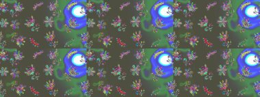 Çiçekli eskiz çizimi. Çiçekler gri, yeşil ve mavi renklerde. Renkli Yaz Temalı eskiz kalıbı. Düz Çiçek Elementleri Tasarımı.