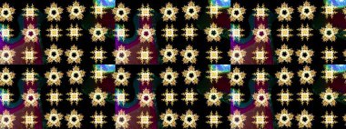 Siyah, kahverengi ve sarı renklerde kar tanelerinden oluşan kış deseni. Raster illüstrasyonu. Düz yatıyordu. Kış konsepti.