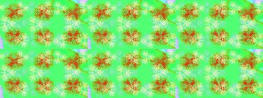 Düşen Noel stili kar taneleri. İllüzyon. Güzel, yeşil, mavi ve turuncu kar taneleri renkli bir arka planda izole edilmiş. Kar taneleri, kar yağışı.