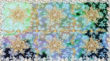 Raster. Parlak dantel, stilize çiçekler, şal desenli. Hassas altın deseni açın. Doğu tarzı arabesk. Tarafsız renklerde, altın elementlerle kusursuz desen. Kusursuz altın dokular bukleler.