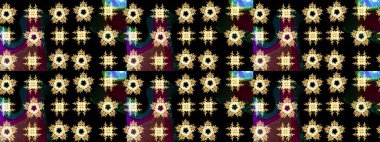 Siyah, kahverengi ve sarı renklerde kar tanelerinden oluşan kış deseni. Raster illüstrasyonu. Düz yatıyordu. Kış konsepti.