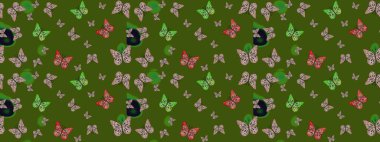 Soyut eskiz arka planı. Duvar kağıtları, web sayfası geçmişi, yüzey dokuları, tekstil için mükemmel. Raster Kelebekleri deseni. Tropikal kelebeklerle yeşil renkli resimler.