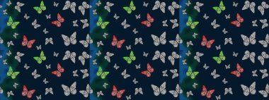 Güzel Kelebek Siluetleriyle Moda Dekorasyonu. Kart, Davetiye ve Yazdırma için Şirin Kadınsı Desen. Raster Arkaplanı mavi renklerde. Renkli Kelebeklerle Bahar Arkaplanı.