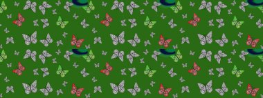 Kart, Davetiye ve Yazdırma için Şirin Kadınsı Desen. Yeşil renkli Raster Arkaplanı. Renkli Kelebeklerle Bahar Arkaplanı. Güzel Kelebek Siluetleriyle Moda Dekorasyonu.