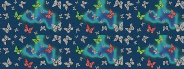 Güve ile Raster Geçmişi. Kart, Davetiye ve Yazdırma için Basit Güzel Kalıp. Güzel Kelebek Siluetleriyle Moda Dekorasyonu. Renkli Kelebeklerle Bahar Arkaplanı.