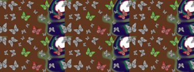 Giysi tasarımı için kahverengi arka planda dekorasyon. Raster illüstrasyonu. Renkli kelebeklerin eskiz arka planı.