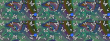 Raster illüstrasyonu. Renkli kelebeklerin eskiz geçmişi. Kumaş, kağıt, ambalaj kâğıdı ve duvar kağıdı tasarımı için güzel bir arkaplan..