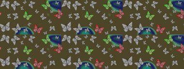 Güzel bir kumaş tasarımı. Raster illüstrasyonu. Dekoratif el çizimi kelebekler. Yeşil renkte resim.