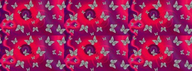 Mor arka planda renkli bir kelebek. Davetiye, kart ve parmak izi için basit şirin bir model. Kelebeklerle dolu renkli bir halk eskizi çizimi..