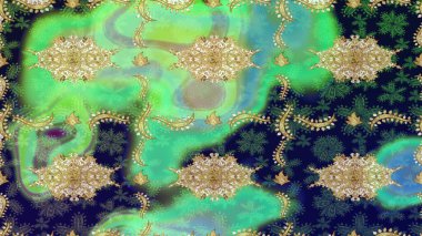 Damask çizimi tekrarlanıyor. Barok tarzında altın çiçekli süs. Yeşil renklerdeki altın element. Doku arkaplanı üzerine altın duvar kağıdı.