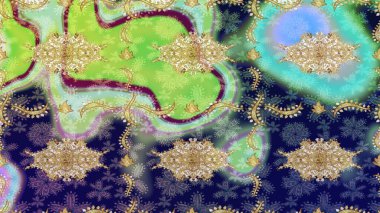 Raster Golden eskiz kalıbı. Çizim altın desenli bukleler. Doğu tarzı arabesk tarzında altın elementler. Mavi renkte çizim deseni.