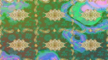 Çiçek desenli altın metal. Altın elementli yeşil renkler. Raster altın çiçek süsü brokar kumaş ve cam desenli. Altın deseni çiz.