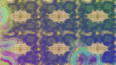 Klasik altın desenli eskiz. Altın elementli mavi renklerde altın eskiz deseni. Tekrarlayan elementlerle soyut arkaplan oluşturun. Raster illüstrasyonu.