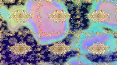 Raster. Parlak dantel, stilize çiçekler, şal desenli. Hassas altın deseni açın. Doğu tarzı arabesk. Tarafsız renklerde altın elementlerle çizim. Altın desenli bukleler çiz.