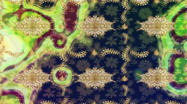 Raster eskiz deseni, altın antika ortaçağ dekoratifi, yapraklar ve yeşil renkli altın desenli süslemeler. Kraliyet lüksü, altın barok kumaş rengi..