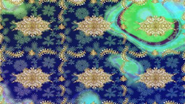 Mavi renklerdeki altın element. Antika altın tekrarlanabilir duvar kağıdı. Damask çizim kalıbı arka planı tekrarlıyor. Barok tarzında altın çiçek süsü..