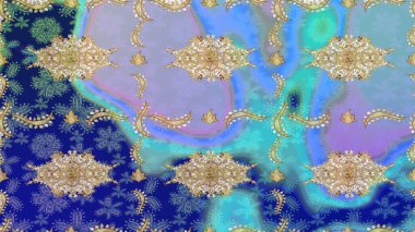 Mavi renkler ve altın elementler üzerine çizim. Raster illüstrasyonu. Klasik Raster altın desenini çiz. Klasik klasik klasik arka plan. Geleneksel oryantasyon süsü.