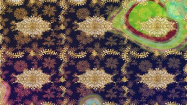 Raster eskiz deseni, altın antika ortaçağ dekoratifi, yapraklar ve gri renkli altın desenli süslemeler. Kraliyet lüksü, altın barok kumaş rengi..